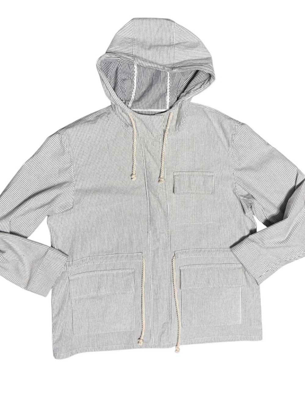 J. Crew Blue White Hickory Stripe Hooded Field Jacket-Coastal Preppy-Size L - Picture 2 of 12
